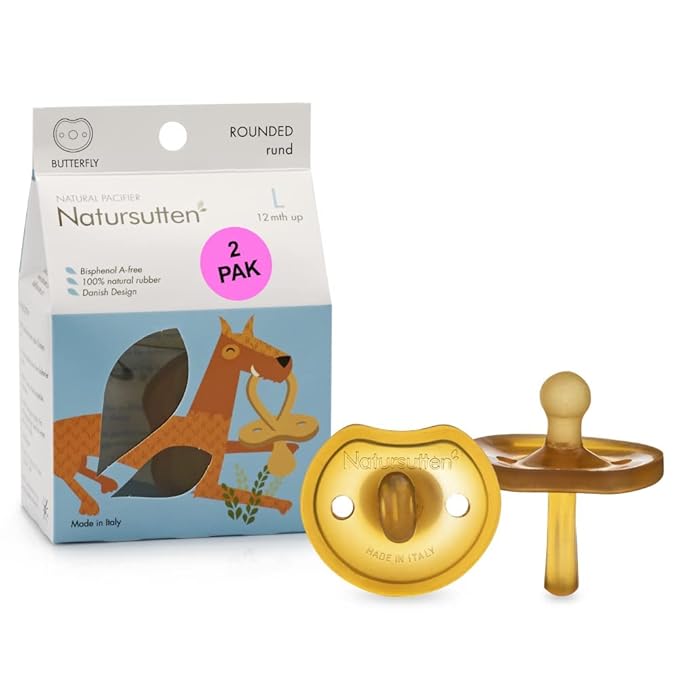 Natursutten Pacifiers 12-18 Months - 2-Pack Butterfly Shield Round Nipple Natural Rubber Safe & Soft BPA-Free Pacifiers for Breastfeeding Babies - Newborn Pacifiers Made in Italy
