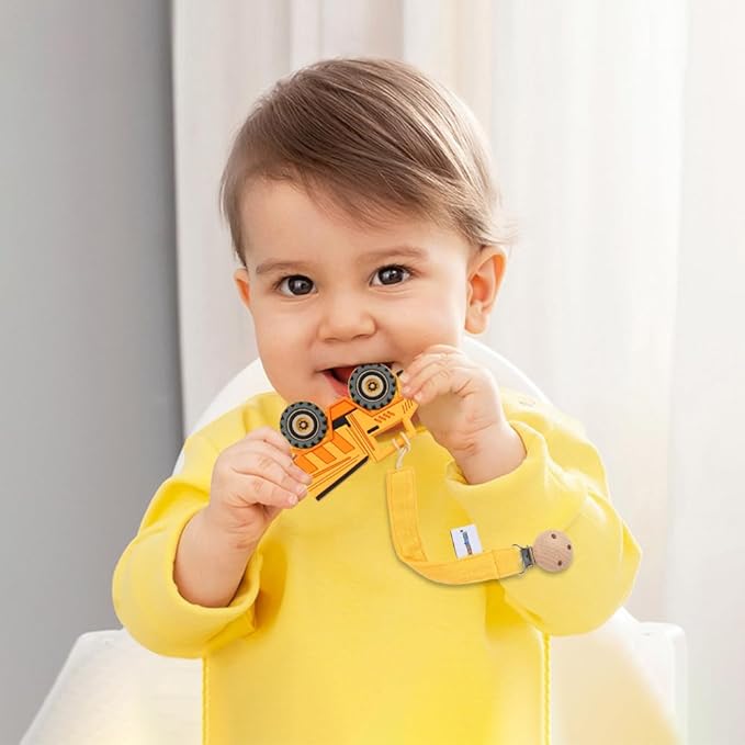 Baby Food Grade Silicone Vechicle Car Teether Toy with Pacifier Clip Holder,Teething Toys Gift Set for 3 Months+ Boys and Girls,Freezer Safe,BPA Free (Dump Truck).