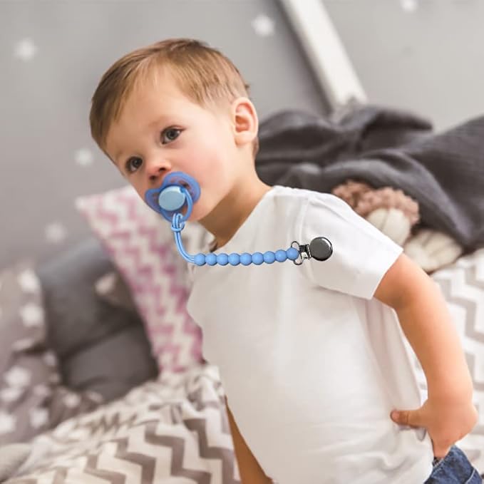 Pacifier Clip for Boys Girls - MORIBOX 4 Pack Paci Clip Soothie Baby Binky Holder for Shower Gift Birthday (Grey+Dgrey+Blue+Sage)