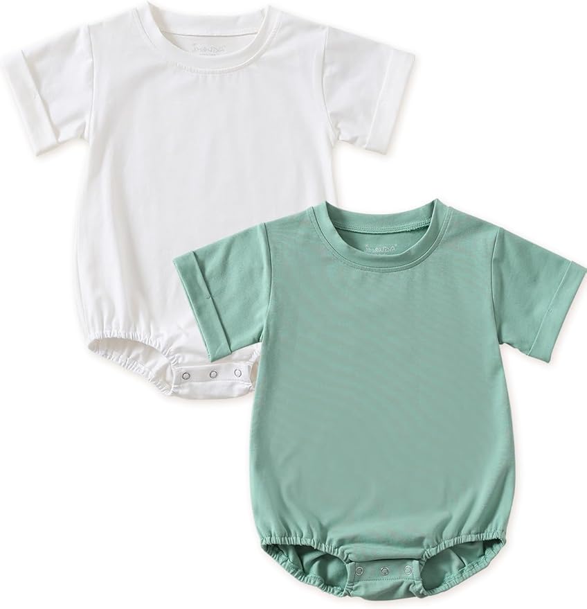 Jimonda Baby Bubble Romper Boy Girl Solid Color T-Shirt Outfits Short Sleeve Bodysuit Organic Cotton 2Pcs