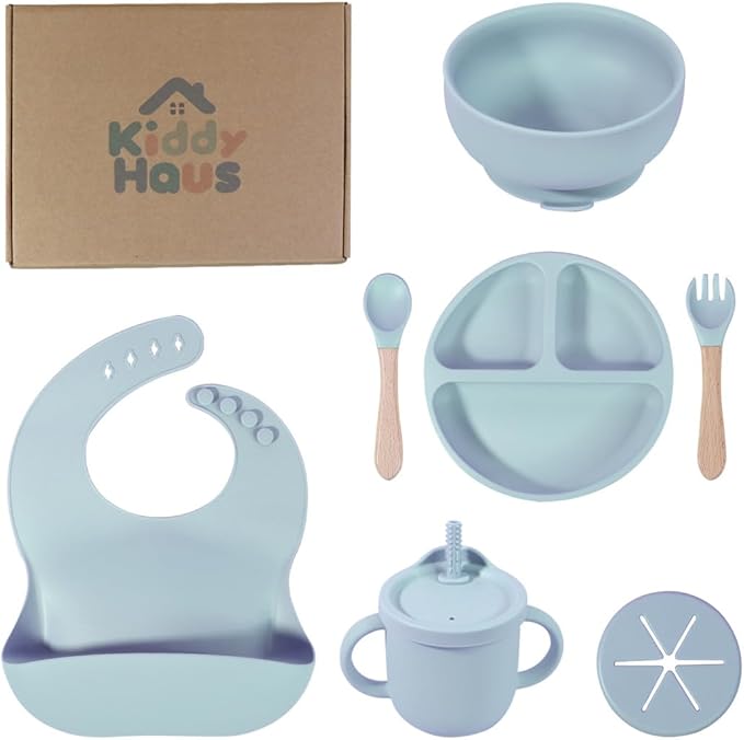 Silicone Baby Feeding Set | BPA-FREE |9 PCS Baby Led Weaning Supplies Self Feeding Utensils | Divided Suction Plate Bowl Bib Training Sippy Cup Spoon Fork (Blue)