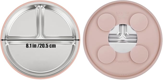 PandaEar Stainless Steel Baby Feeding Set | 2 Divided Suction Plates, 2 Spill-Proof Straw Cups with Silicone Sleeves, 2 Forks & 2 Spoons | Toddler Utensils for Baby Led Weaning, BPA-Free
