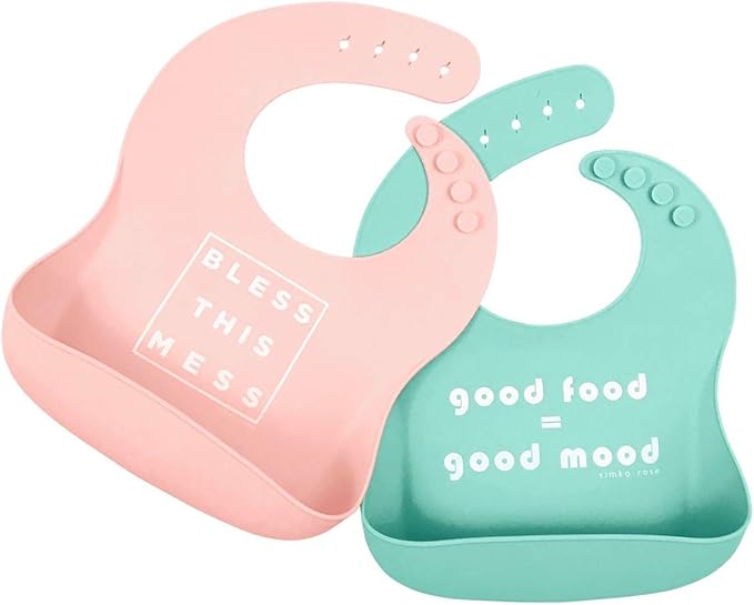 Simka Rose Silicone Baby Bibs with Food Catcher - Adjustable Soft Catch All Bib for Boys & Girls - High Chair Dining Table