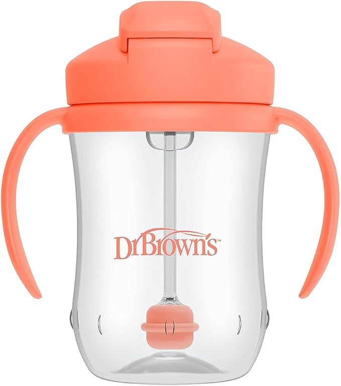 Dr. Brown's Milestones Baby's First Straw Cup, Training Cup with Weighted Straw, 9oz/270mL, Coral, BPA Free, 6m+