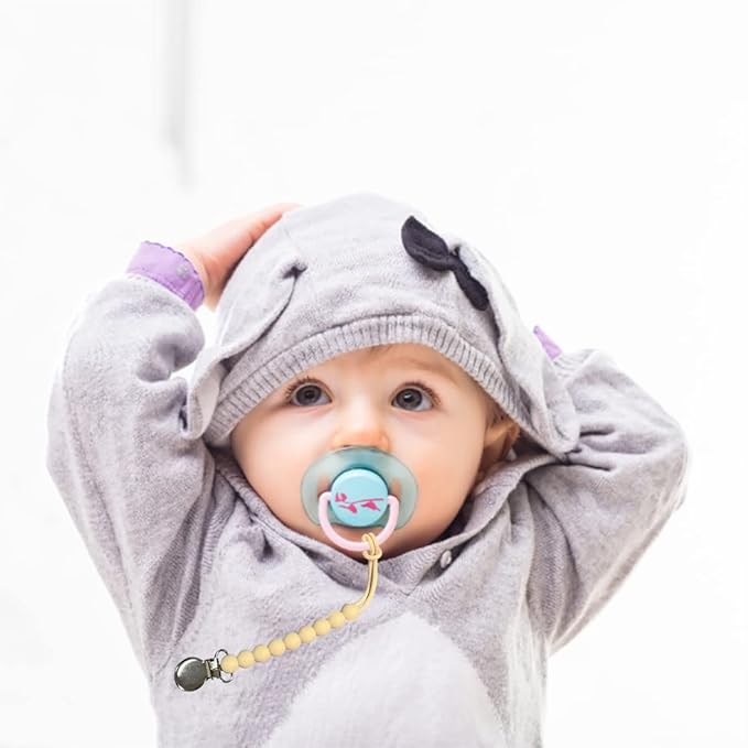 Pacifier Clip for Boys Girls - MORIBOX 4 Pack Paci Clip Soothie Baby Binky Holder for Shower Gift Birthday (Beige+Dbeige+Blue+Sage)