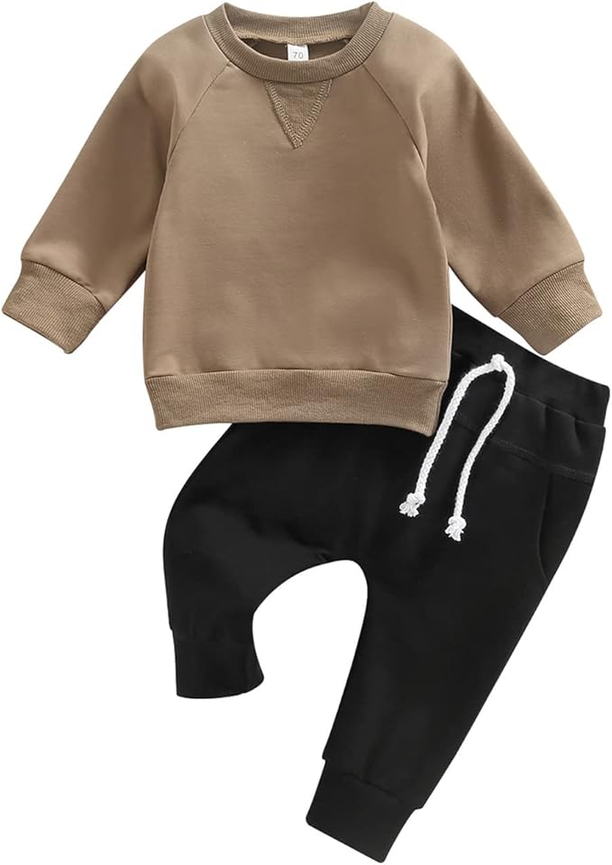 Toddler Baby Boy Clothes Solid Color Long Sleeve Crewneck Sweatshirt Top Casual Pants Set 2Pcs Fall Winter Outfits