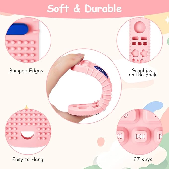 Silicone Baby Teething Toys, Remote Control Shape Teethers Toys with Teething Tubes and Pacifier Clip, Baby Teething Toys for 3 Months+, Remote Teething Toy BPA Free/Freezable/Dishwasher Safe(Pink)