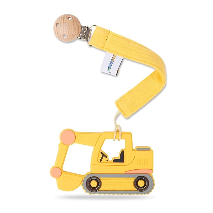 Baby Food Grade Silicone Car Teether Toy with Pacifier Clip Holder,Teething Pain Relief Toys Gift Set for 3 Months+ Boys and Girls,Freezer Safe,BPA Free (Excavator, Yellow)