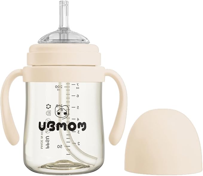 UBMOM Sippy Cup with Straw and Handle, Spillproof Baby and Toddler Cups with Replaceable Straw, BPA-Free PPSU Sippy Cups for Toddlers, 6.76oz (Beige)