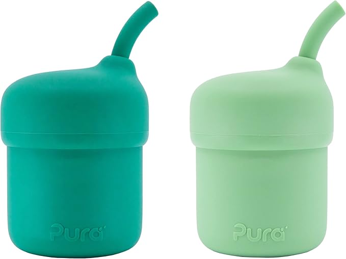 Pura my-my Silicone Straw Cup| Spill Proof, Reusable, Food Grade Silicone, Plastic-Free | For Kids, Toddlers, Babies & Infants - 2 Pack Mint & Moss