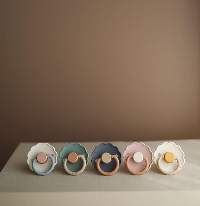 FRIGG Daisy Natural Rubber Baby Pacifier | Made in Denmark | BPA-Free (Biscuit/Lily Pad, 6-18 Months) 2-Pack