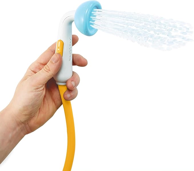 Yookidoo Baby Bath Shower Head - Elephant Water Pump with Trunk Spout Rinser - Control Water Flow from 2 Knobs for Maximum Fun in Tub or Sink for Newborn Babies (Blue and Orange)