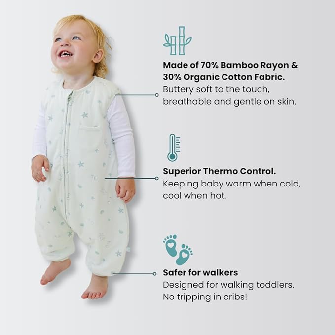 Tealbee Dreamsuit Toddler Sleep Sack with Feet – Walker Sleep Bag with Legs, Rayon made from Bamboo, Winter 1.5 TOG, 2-Way Zipper, 12m-2T - Seashell