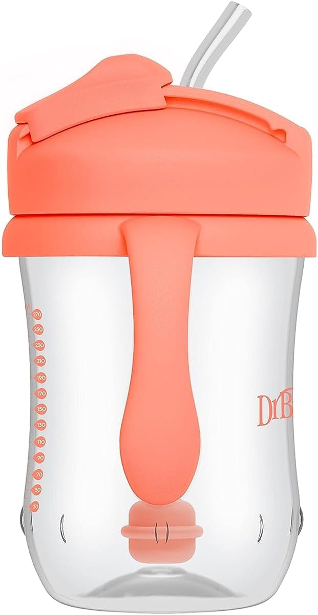 Dr. Brown's Milestones Baby's First Straw Cup, Training Cup with Weighted Straw, 9oz/270mL, Coral, BPA Free, 6m+