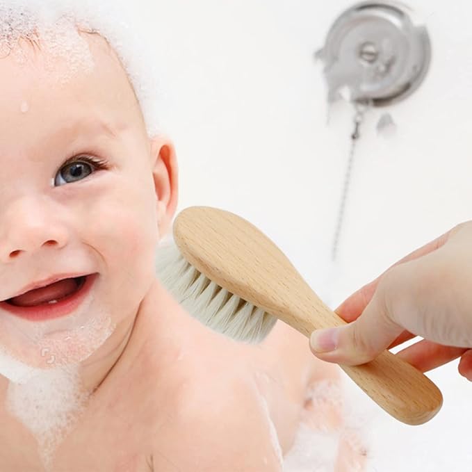 3PCS Baby Hair Brush with Wooden Handle and Comb Set for Newborns & Toddlers | Natural Soft Goat Bristles l Wood Comb l Pink Silicone Brush| Ideal for Cradle Cap