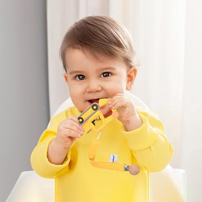 Baby Food Grade Silicone Car Teether Toy with Pacifier Clip Holder,Teething Pain Relief Toys Gift Set for 3 Months+ Boys and Girls,Freezer Safe,BPA Free (Excavator, Yellow)