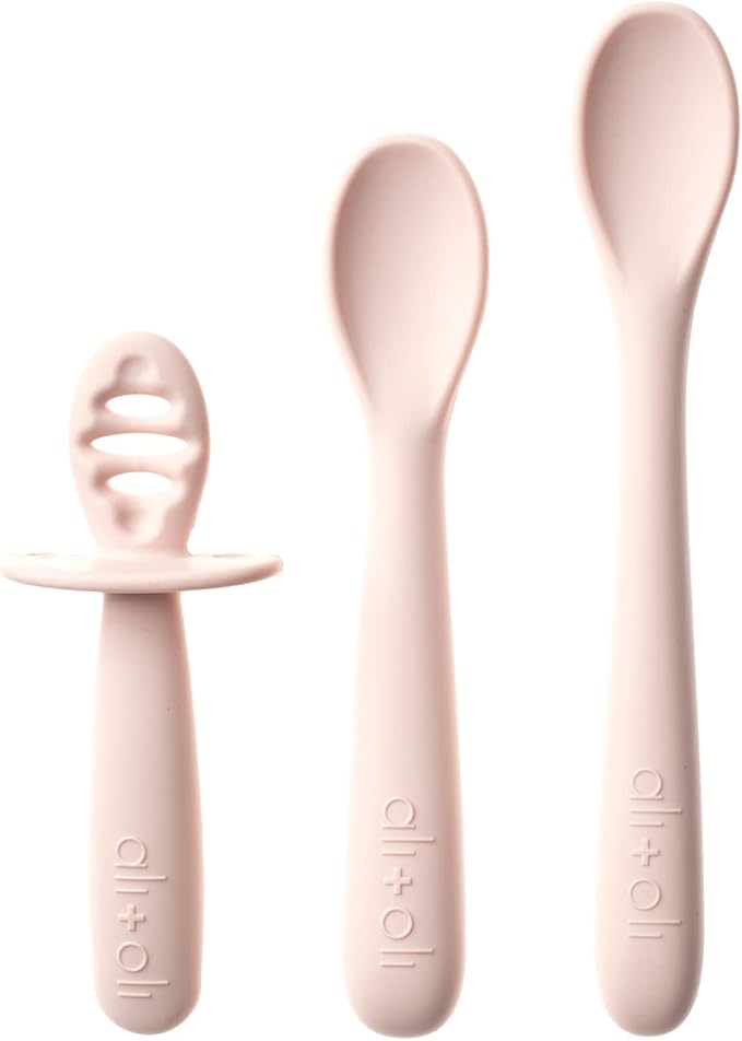 Ali+Oli (3pc) Silicone Spoon Set for Baby (Blush) Unbreakable Baby Spoons, Self Feeding Utensils, Multi-stage Design, Ergonomic Handle