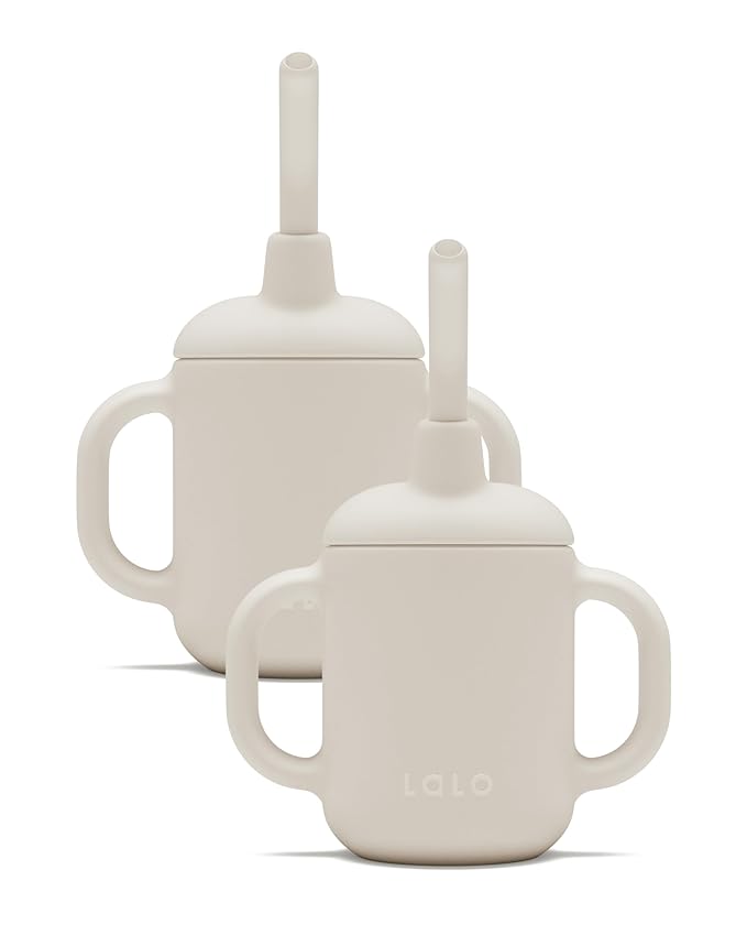 Lalo Little Cup 2-Pack, Non-Toxic Silicone Straw Cup with Handles - Baby and Toddler Sippy Cup - Mini Cup and Straw Training System, 4oz, Oatmeal