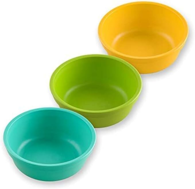 Re-Play 12 oz. Toddler Bowls Set of 3 - Kids Deep-Walled, Durable & Reusable Snack and Meal Bowls, Dishwasher & Microwave Safe, BPA-Free, Made in USA from Recycled Plastic, Aqua Asst