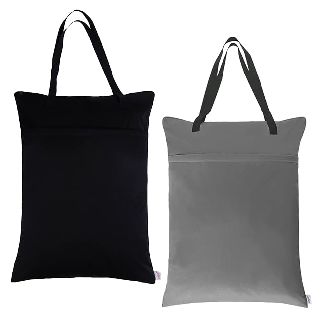 ALVABABY 2 Pack Large Wet Dry Bag Waterproof Hanging Cloth Diaper with Double Zippered Pockets 25x18 inches (Black and grey)