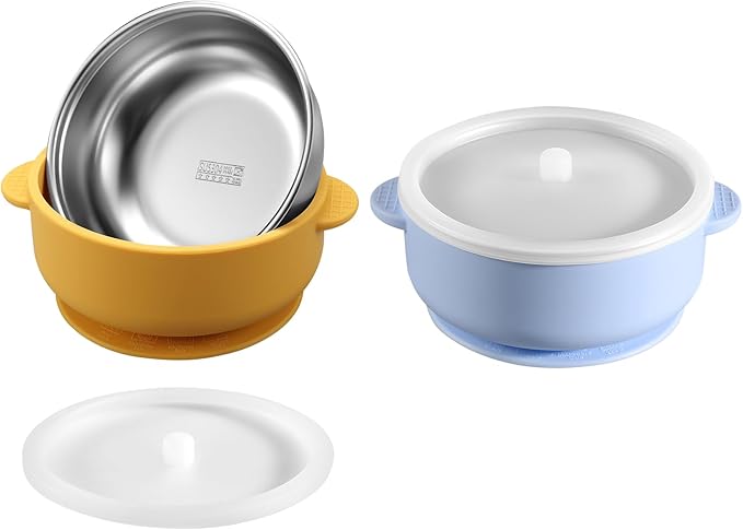 2 Pack Stainless Steel Baby Bowls with Removable Non-Slip Silicone Suction Shell and Lids, Anti Scald Food Container for Baby Food Feeding-Skyblue & Yellow