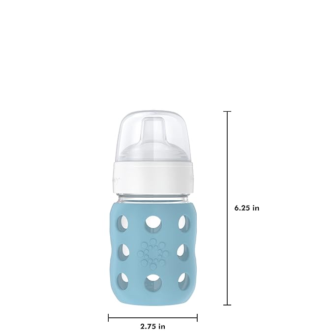 Lifefactory 8-Ounce Wide Neck Glass Baby Bottle with Protective Silicone Sleeve and Sippy Spout, Denim (LG2251WDE4)