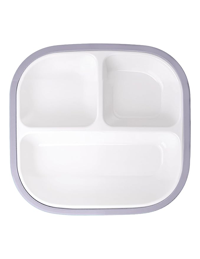 BABELIO 8'' Toddler Porcelain Plates with Silicone Suction Sleeves, Lead & BPA Free, Divided, Microwave & Dishwasher Safe, Stay Put, Suitable for Kids/Babies, Grayish Purple