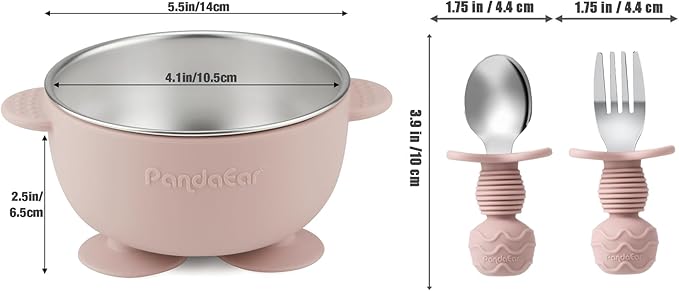 PandaEar 8PCS Baby Feeding Set | Stainless Steel Suction Plates and Bowls with Silicone Fork and Spoon Utensils | Baby Led Weaning Tableware for Toddlers & Kids (Pink & Blue)