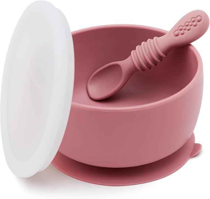 SAMiGO Silicone Baby Bowl and Spoon Set with Suction and Lid, First Stage Self Feeding Essentials, Food Bowl for 6+ Months