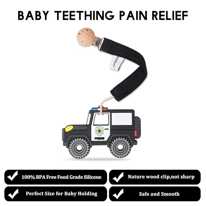 Baby Food Grade Silicone Car Teether Toy with Pacifier Clip Holder,Teething Pain Relief Toys Gift Set for 3 Months+ Boys and Girls,Freezer Safe,BPA Free (Police Car, Black)