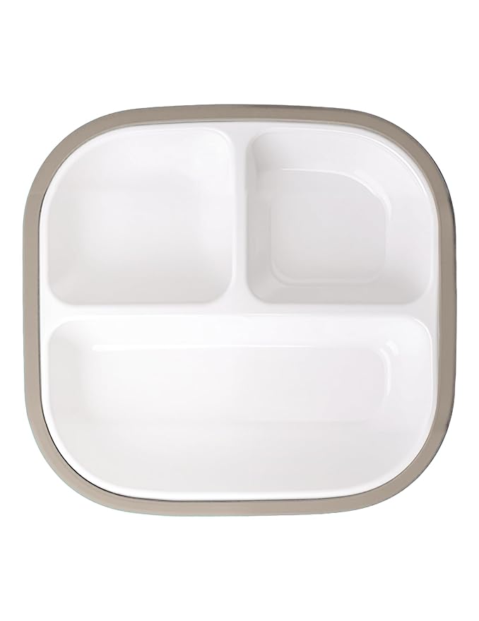 BABELIO 8'' Toddler Porcelain Plates with Silicone Suction Sleeves, Lead & BPA Free, Divided, Microwave & Dishwasher Safe, Stay Put, Suitable for Kids/Babies, Silver Gray