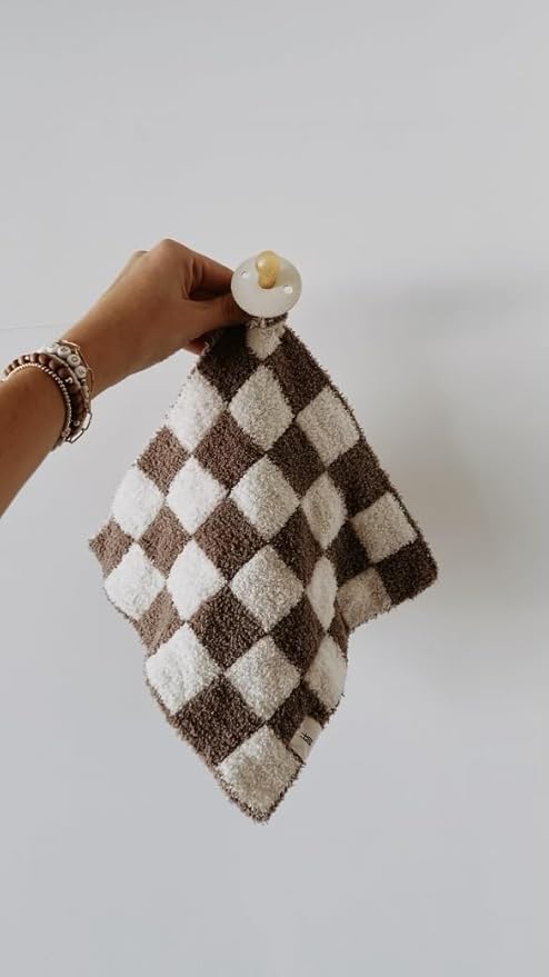 Forever French Baby | Lovey | Pacifier Holder | Lovey Gifts | Boy & Girl | Ideal for Age 0 Months & Up | Microfiber Feather Yarn (Mushroom Checkerboard)