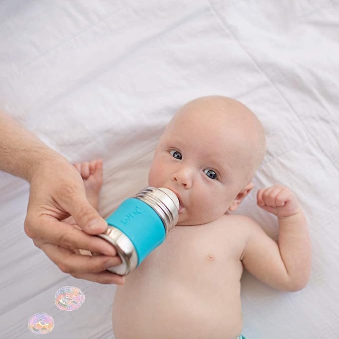 Pura Kiki 5oz/150ml Stainless Steel Anti-Colic Infant Bottle w/Silicone Natural Vent Nipple & Sleeve, 100% Plastic-Free, MadeSafe Certified, Medical-Grade Silicone - Aqua