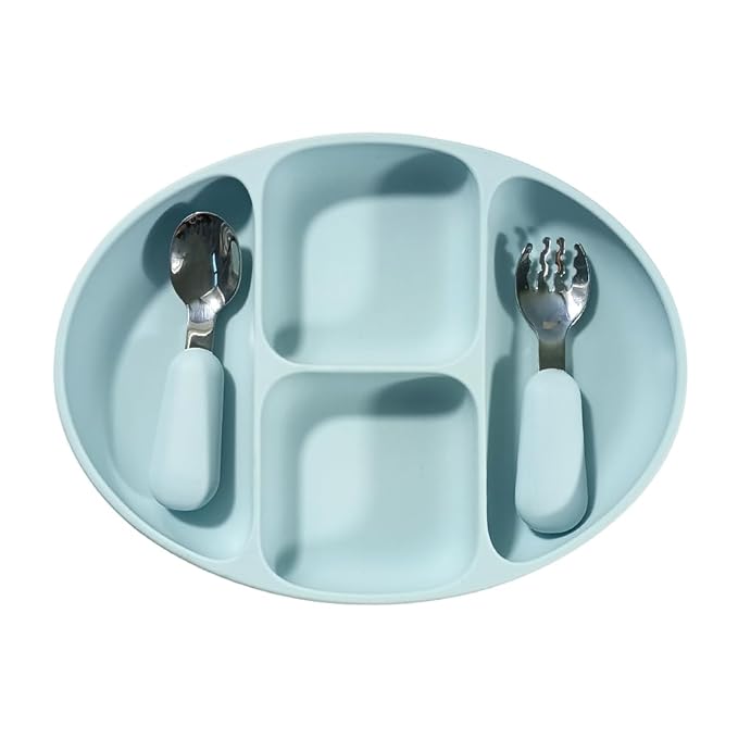 Divided Food Feeding Bowl Silicone Baby Dishes Kid Dinner Suction Baby Silicone Tableware Plate Bowl Spoon Fork Set BPA Free Non Toxic (Blue)