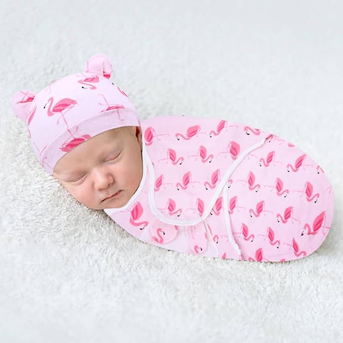 Cinaci 2 Pieces Adjustable Soft Cotton Baby Swaddle Sleep Sacks Hats Newborn Nursery Caps Beanies Bonnets Swaddle Blanket Wraps for Baby Girls Boys Infants Newborns (2PCS S3)