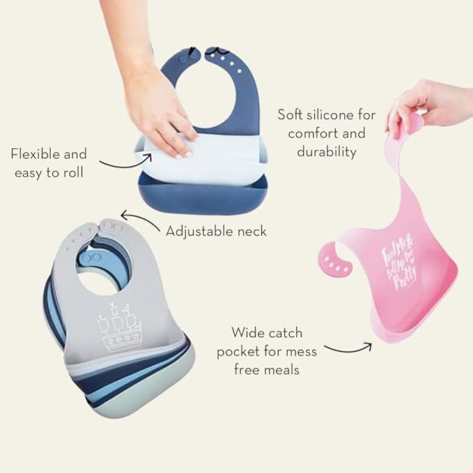 Baby Bib for Eating by Bella Tunno, Set of 2 Waterproof Silicone Bibs with Large Food Catcher, Adjustable Fit for Babies 4-12 months & Toddlers 1-3 Years, Boys & Girls, Dude & Mr Nice Guy