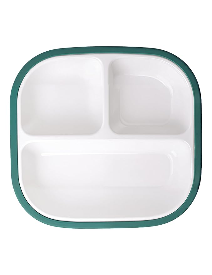 BABELIO 8'' Toddler Porcelain Plates with Silicone Suction Sleeves, Lead & BPA Free, Divided, Microwave & Dishwasher Safe, Stay Put, Suitable for Kids/Babies, Matcha Green