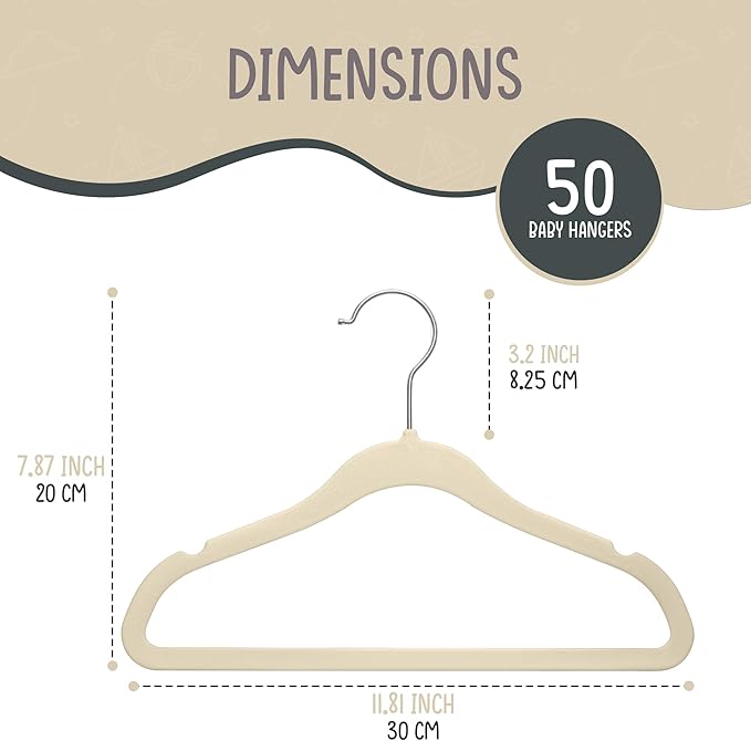 50 Premium Baby Velvet Hangers - 11.8" Non-Slip, Ultra-Slim Space-Saving Children Closet Hangers - 360° Swivel Hook, Strong & Durable Infant & Toddler Clothes Hangers for Wardrobe - Ivory