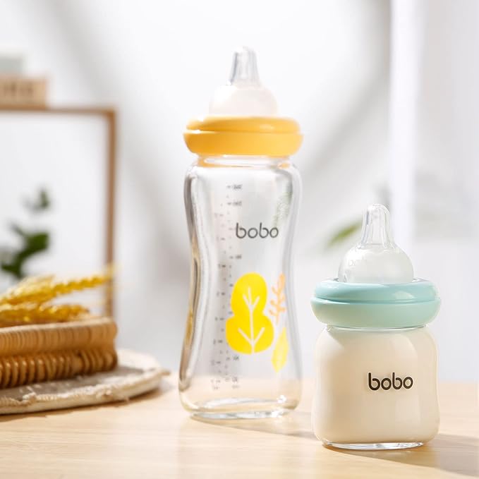 YOHKOH Natural Glass Baby Bottle with Natural Response Nipple, Newborn Anti-Colic Baby Bottles, Wide Neck Mushroom Cap Baby Bottle, Clear (3.4oz (Pack of 2), Blue)