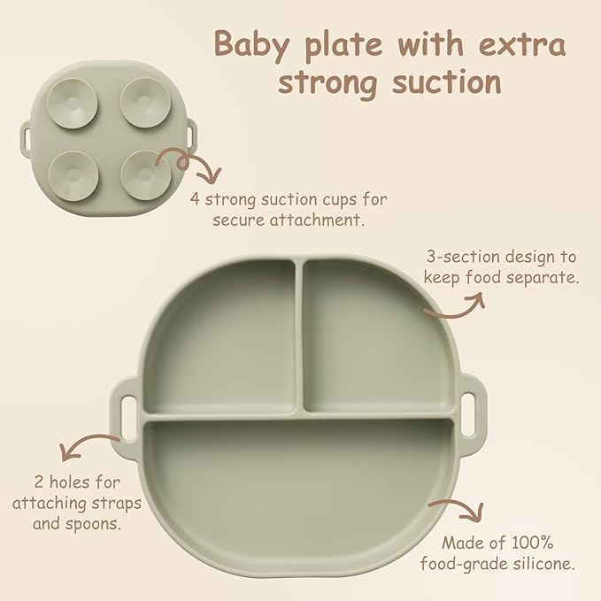 Baby Plates with Suction Silicone Baby Spoons Divided Baby Plates Silicone Baby Safety Toy Straps Baby Bottle Bungees Baby Feeding Set All-in-one-Sage