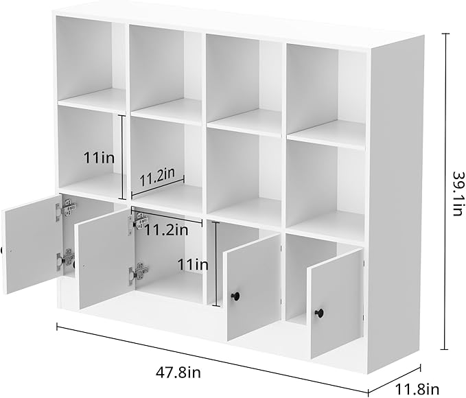 White Bookshelf, Wood Bookcase with 3 Tier Shelves, 12 Cube Storage Organizer with Doors for Bedroom, Living Room, 47.8" W x 39.1" H