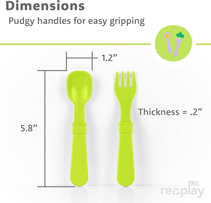 RE-PLAY Made in USA 8pk Toddler Feeding Utensils Spoon and Fork Set | Eco Friendly Recycled Milk Jugs - Virtually Indestructible | Red, Yellow, Lime Green, Sky Blue (Preschool)
