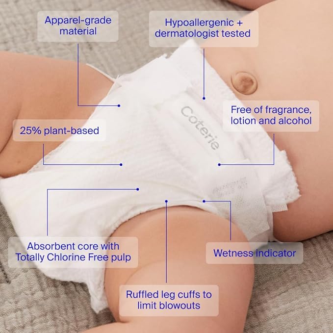 Coterie Baby Wipes + Diapers Kit, Size Newborn Diapers (186 Count) & 12 Pack (672 Count) Baby Wipes with 99% Water, Plant Based Materials, Hypoallergenic for Sensitive Skin