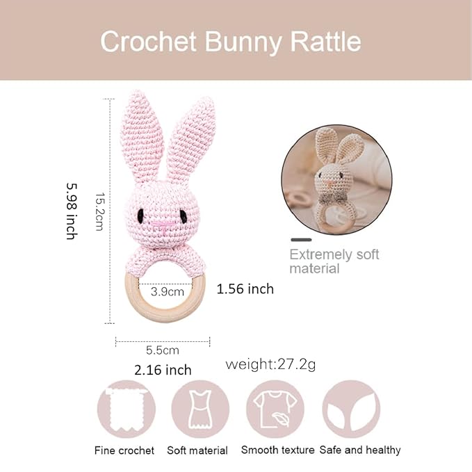 WOODEN TEETHER Crochet Baby Rattle, Crochet Baby Toys, Easter Bunny Rattle, Newborn Animal Rattle Toys，Knitted Stuffed Animals Gifts for Baby, Pink Bunny