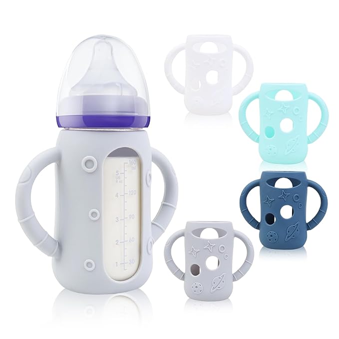 ZCH 4-Pack Silicone Sleeves for Lansinoh Glass Bottles, BPA-Free Drop-Resistant Baby Bottle Sleeves with Handles, Compatible with Lansinoh Anti-Colic Glass Baby Bottles (5 oz)