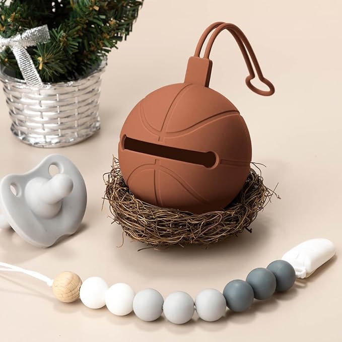 Pacifier Holder Case | Basketball Pacifier Holder | Silicone Pacifier Container | Travel Pacifier Case Holder | Keep Pacifier Clean and Accessible | Food Grade Silicone | Made by Tushi (Brown)