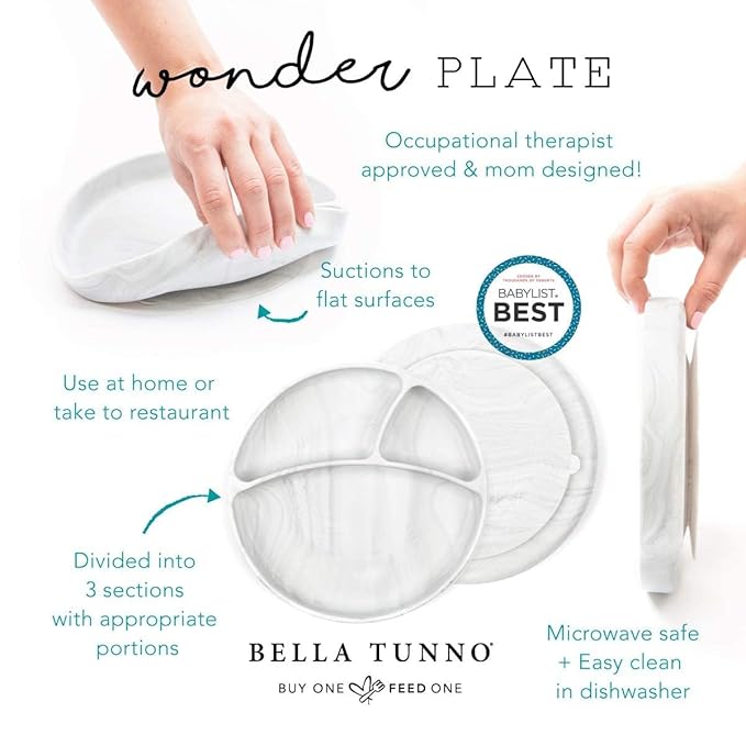 Bella Tunno Suction Plate for Babies & Toddlers, Self-Feeding Dish for Baby Led Weaning, Silicone Divided Plate, Sticks to Highchair Trays & Tables, Microwave & Dishwasher Safe, What’s on the Menu