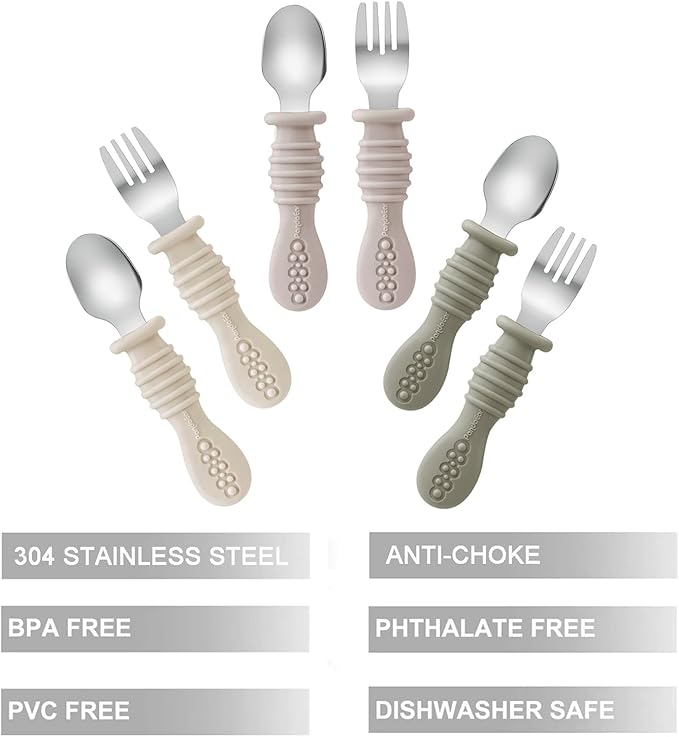 PandaEar 6 Pack Toddler Fork and Spoon Utensil Set, Baby Silicone Stainless Steel Silverware Spoon Fork for Babies Kids, BPA Free (Walnut&Linen&Brown)