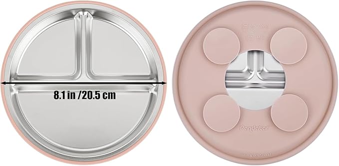 PandaEar Baby Feeding Set 4 Pcs, 2 Pack Stainless Steel Suction Plates & 2 Pack Spoons Set, Divided Plates for Baby Led Weaning Supplies, BPA-Free (Dark pink/Light pink)