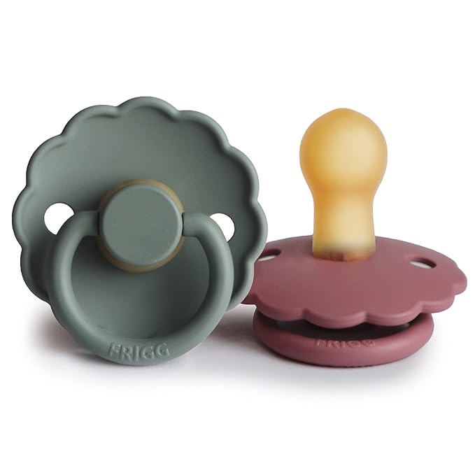 FRIGG Daisy Natural Rubber Baby Pacifier | Made in Denmark | BPA-Free (Dusty Rose/Lily Pad, 0-6 Months) 2-Pack